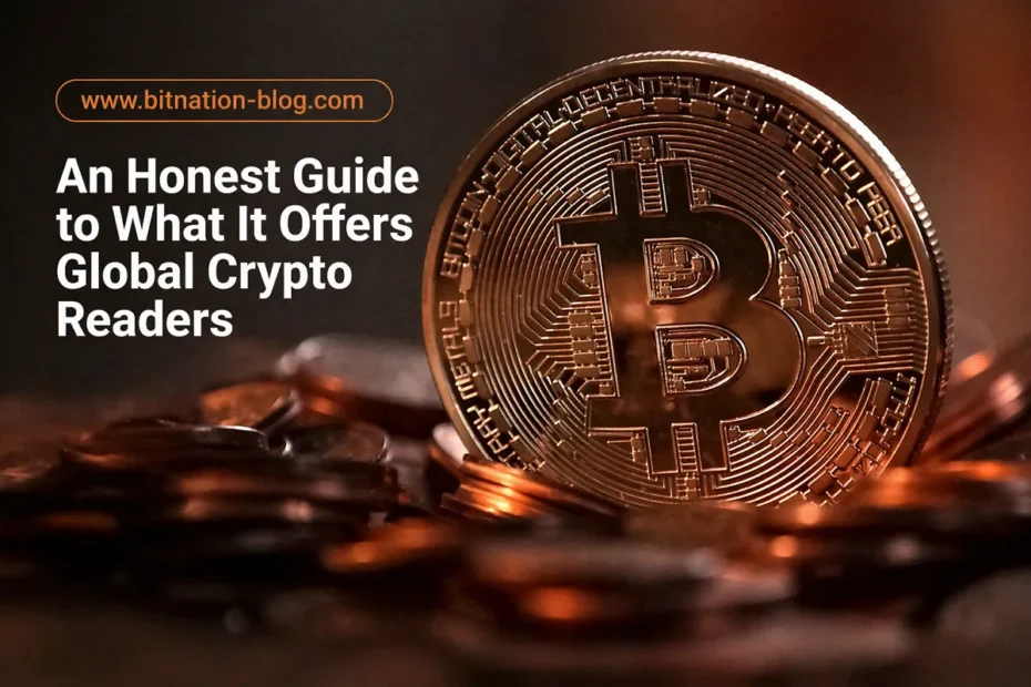 Bitcoin coin with warm lighting and overlay text promoting bitnation-blog.com crypto guide.