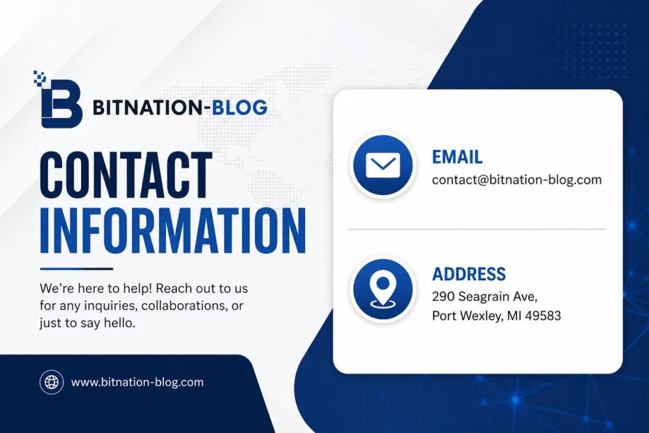 Modern Bitnation-Blog contact information banner with email contact@bitnation-blog.com and Port Wexley address in a blue professional design.