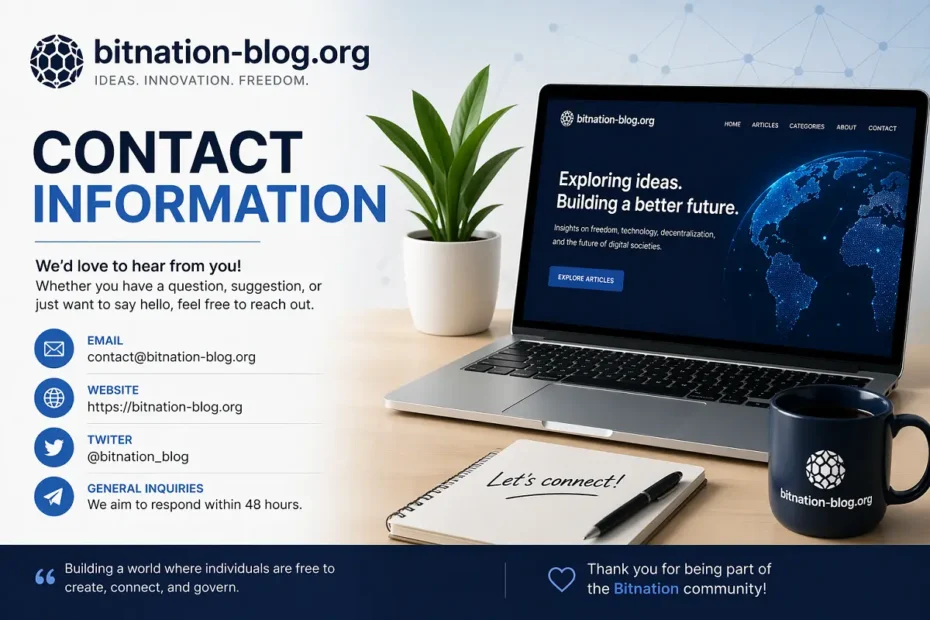 bitnation-blog contact information banner for bitnation-blog.org featuring a laptop, desk setup, and contact details with a modern professional design.