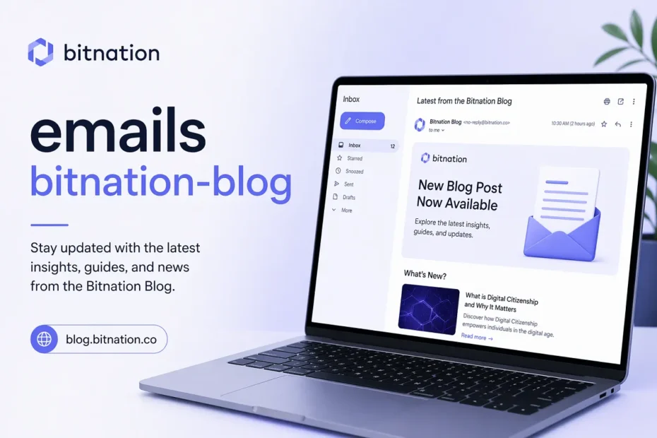 Email newsletter banner for emails bitnation-blog shown on a laptop screen with a clean modern design and purple accents.